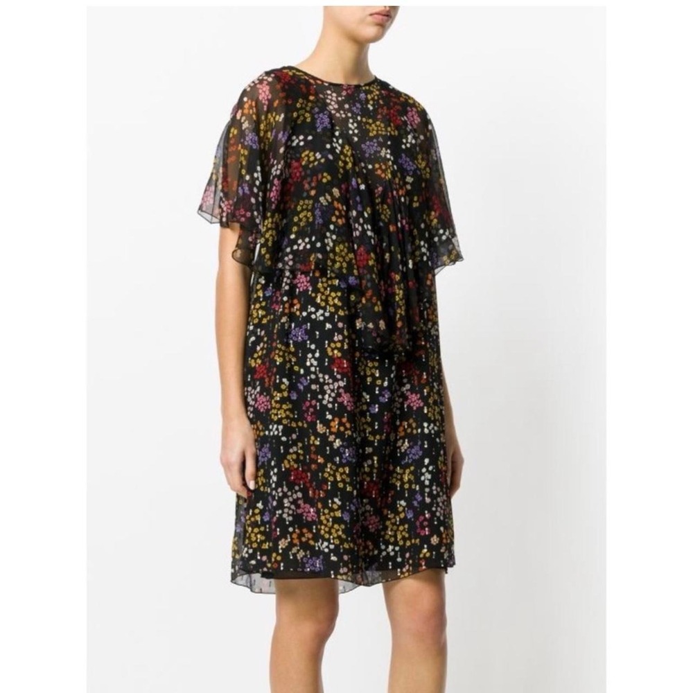 See by Chloé 100% Silk Chiffon Black Multicolor Floral Dress Red Yellow Designer - Picture 1 of 8